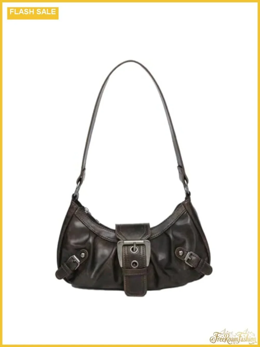 Y2K Faux Leather Hobo Shoulder Bag with Metal Buckles